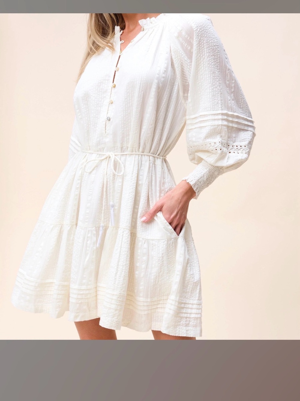 White Long-Sleeve Tiered Cleobella Mini Dress - Picture 4 of 13